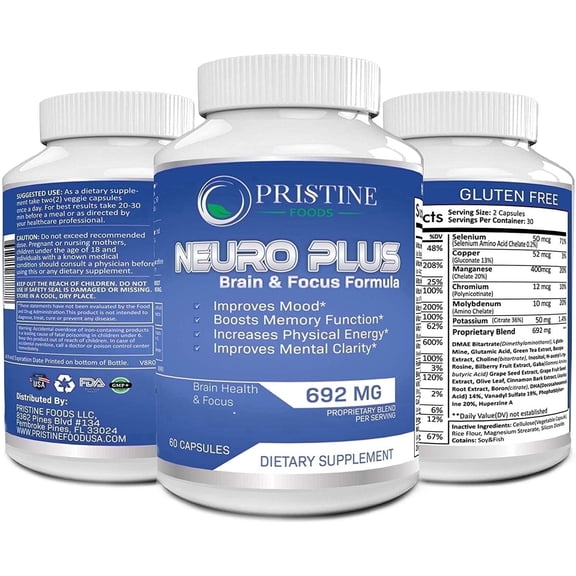 3 Pack Neuro Plus Brain Booster Focus Supplement - Nootropic Memory Enhancement Pills, Concentrations, Mental Performance & Clarity - 60 Capsules