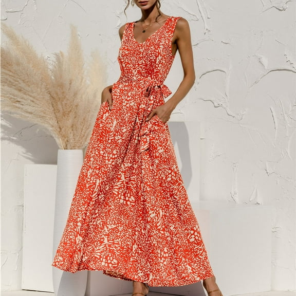 Women Dresses Sleeveless Frenulum Sexy Dresses Printed Printed Fashion Dresses Orange Trendy Skirt Size XL