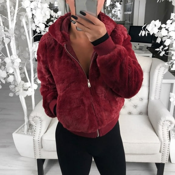 IROINNID Women's Casual Short Hoodie Jacket Solid Color Zip Up Long Sleeve Outwear , Wine