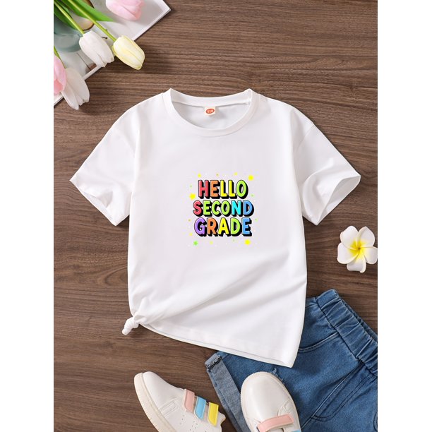 Girls' Summer Short Sleeve T-Shirt - "Hello Second Grade" Print, Soft Knit Round Neck Top, Casual Loose Fit, with Colorful Lettering, Perfect for School or Play, Cute T Shirts