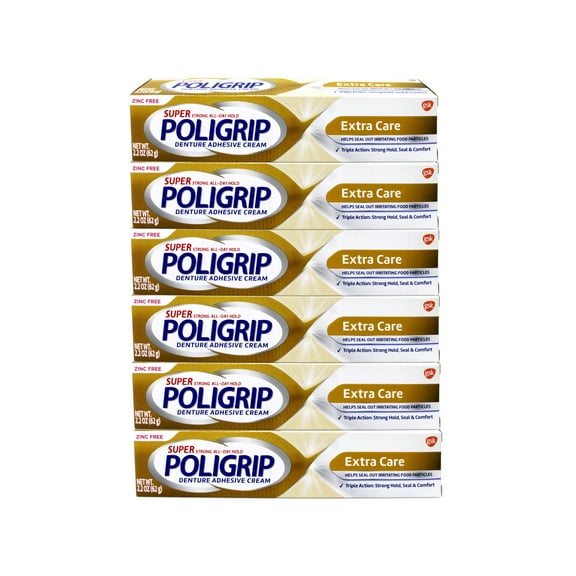 6 Pack - PoliGrip Super, Denture Adhesive Cream, Extra Care - 2.2 oz Each