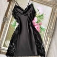 thumbnail image 6 of Women's Cool Glossy Imitation Silk Sleep Slip Dress, Delicate Lace Trim Cowl Neck Side Split Backless Spaghetti Strap Mini Nightgown Black XL(XL), 6 of 8