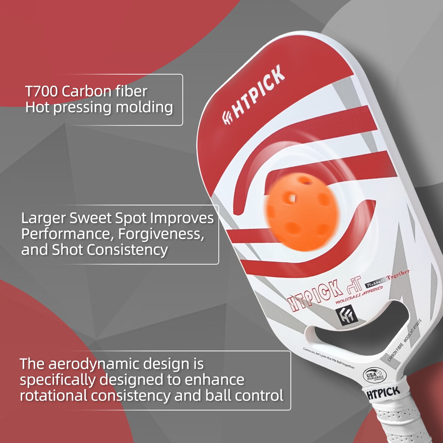 HTPICK Thermoformed Pickleball Paddle - T700 Carbon Fiber Surface, 16mm Polypropylene Honeycomb Core, USAPA Approved for Professional & Recreational Play