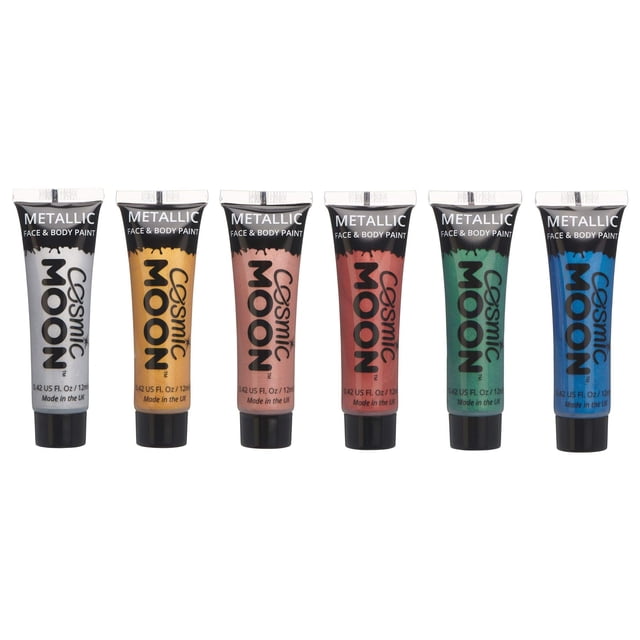 Cosmic Moon - Maquillaje de pintura facial metálica para rostro y cuerpo - 0,40 onzas líquidas - ¡Crea fascinantes diseños de pintura facial metálica! - Juego de 6 - Incluye: Plata Oro Rosa Oro Rojo V
