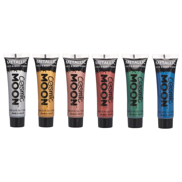 Cosmic Moon - Maquillaje de pintura facial metálica para rostro y cuerpo - 0,40 onzas líquidas - ¡Crea fascinantes diseños de pintura facial metálica! - Juego de 6 - Incluye: Plata Oro Rosa Oro Rojo V