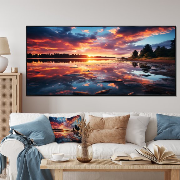 Designart "Lake Horizon Sunset Beauty I" Oversized Cottage Framed Wall Art - Country Blue Lake Bedroom Framed Canvas Wall Art