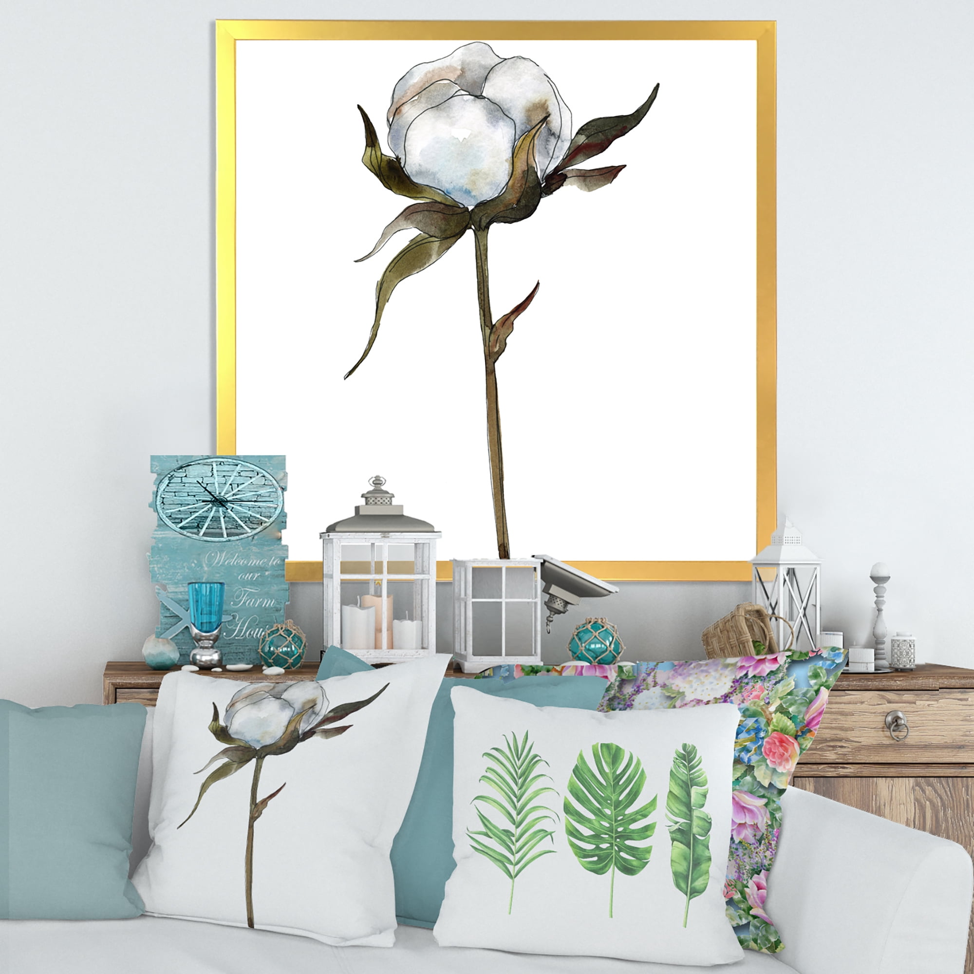 Designart 'Cotton Flower Retro Style' Traditional Framed Art Print
