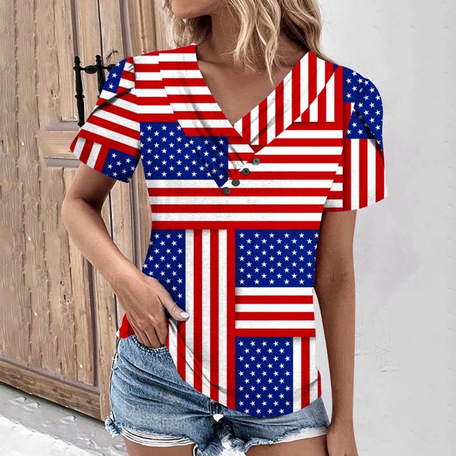 Camiseta de Manga Corta con Cuello en V, Fiudx, Estampado del Día de la Independencia de Verano para mujer
