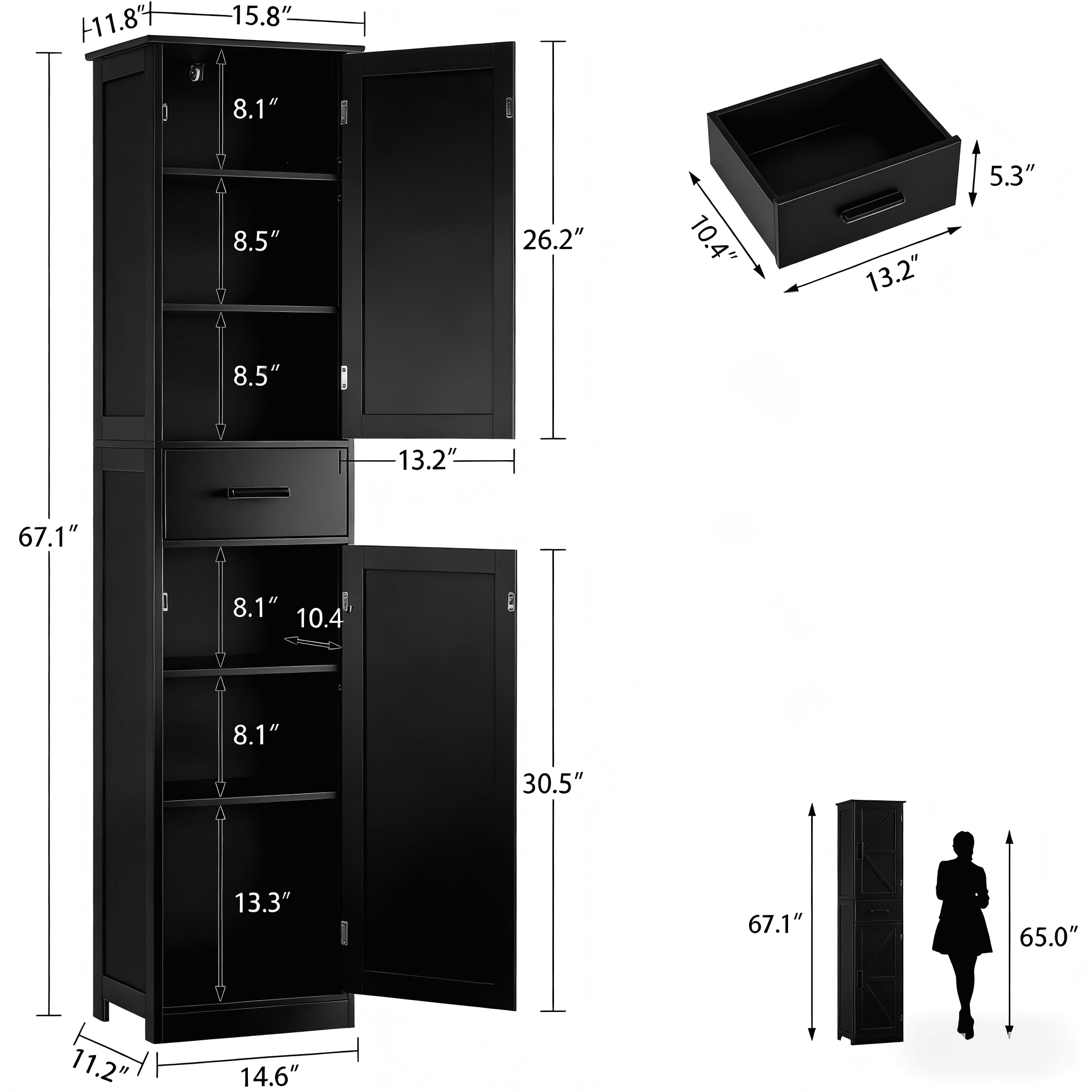 LENLN Modern 67'' Tall Storage Cabinet, 2 Doors & 1 Drawer with Adjustable Shelves, Freestanding Organizer for Kitchen and Bathroom