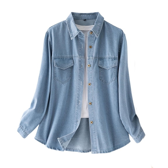 Fiaer Women's Spring Long Sleeve Denim Jean Shirts Button down Shirt Business Casual Tops Blue S