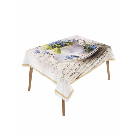 Spring Blue Flowers Table Cloth, Waterproof Tablecloth for Rectangle Tables, Retro Tea Cup Phrases Country Reusable Washable Fabric Table Cover for Restaurant Kitchen Dining Tables 60"x102"