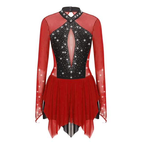 iiniim Women's Figure Ice Skating Layered Keyhole Gymnastic Leotard Roller Skating Dancewear Burgundy L