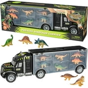Prextex 16” Jurassic Dinosaur Tractor Trailer Dinosaur Carrier with 6 Mini Plastic Dinosaurs Toys, Toys & Tractor Case, Great for Kids, Boys and Girls | Toy Tracktor With Dinosaur Toys