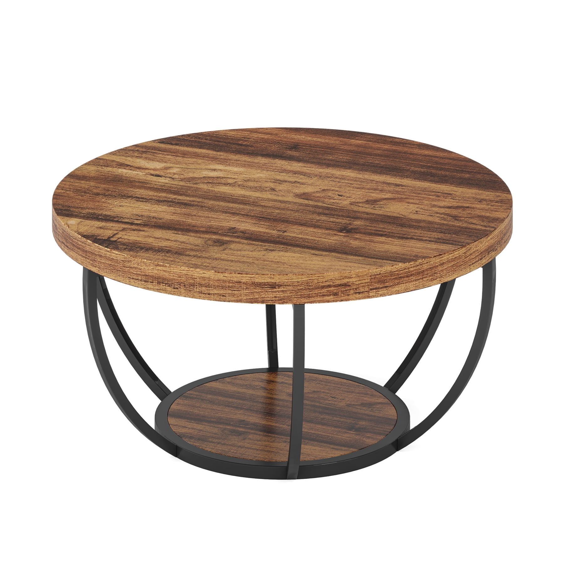 2-Tier Round Wooden Coffee Table, Modern Sturdy Cocktail Table With Storage Shelf For Living Room, Brown