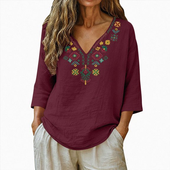 GEWSEY Linen Tops for Women 2026 Trendy Boho Embroidered V Neck 3/4 Sleeve Blouses Dressy Casual Loose Fit Shirts (Wine, 3XL)