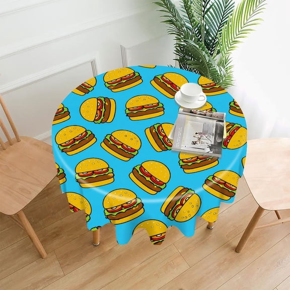 RKSupls 60 Inch Round Tablecloth, Burger Blue Pattern Premium Polyester Straight Edge Wrinkle Resistant Washable Table Cover for Party Home Dining Decor