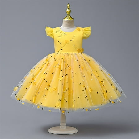

PEASKJP Elegant Dresses for Girls Toddler Girls Short Sleeves Bowknot Tulle Casual Style Sundress Flowy Printed Dress Yellow 18-24 Months