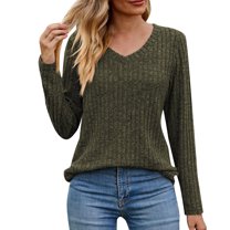 Baqcunre Plus Size Tops For Women Women'S Long Sleeve T Shirt Fashion V Neck Tops Solid Color Casual Blouses Fall Outfits For Women Womens Fashion Green XL