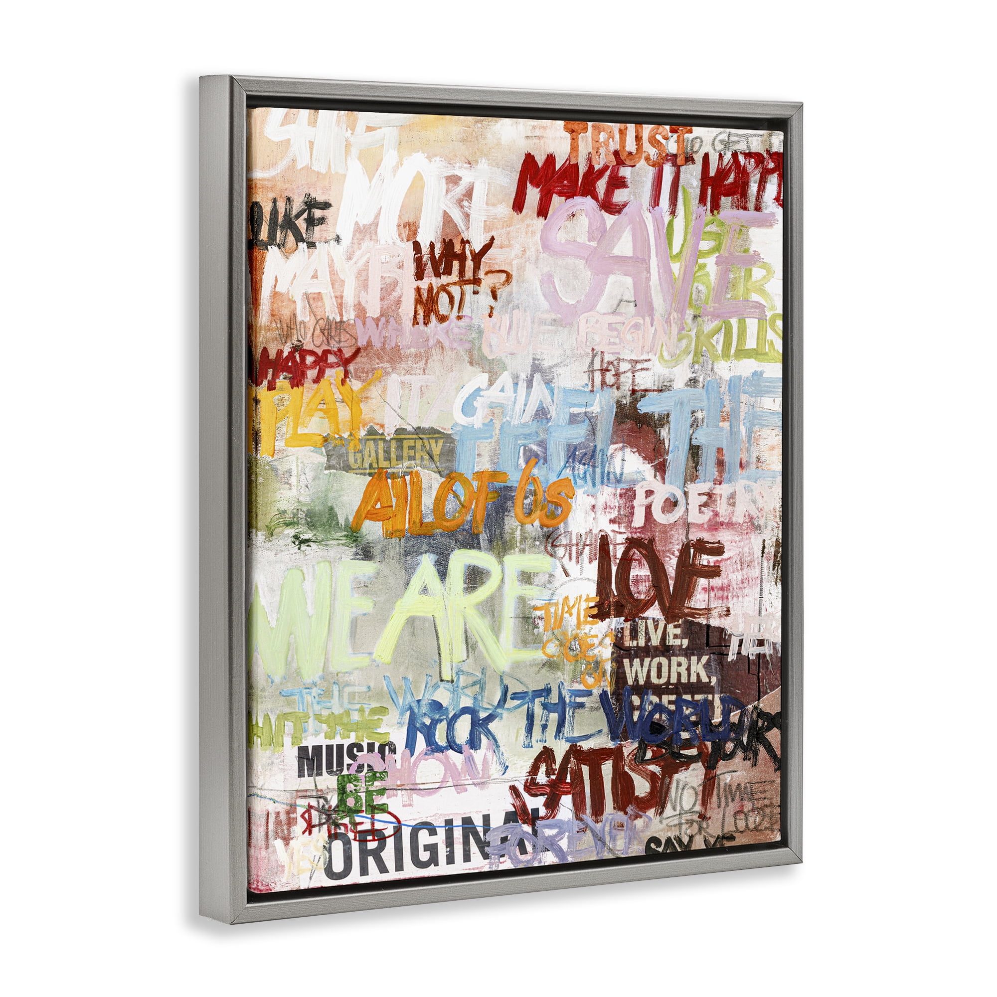 Stupell Industries Modern Graffiti Phrases Abstract Painting Gray Floater Framed Canvas Art Print Wall Art, 17 x 21