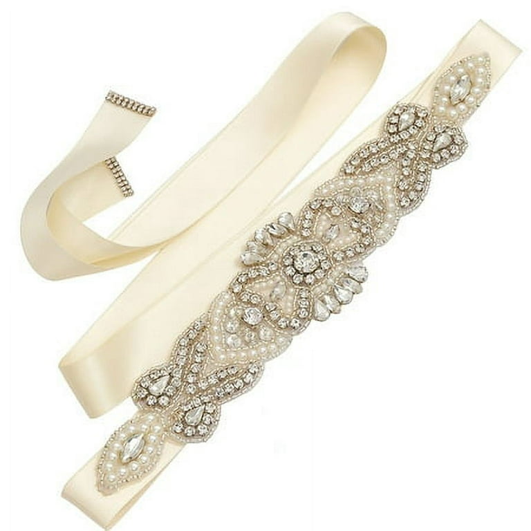 Wedding Belt Bridal Wedding Dress Belt Hand Rhinestone Wedding Belt 22 In  Length with Ivory White Ribbon for Wedding Dress 
