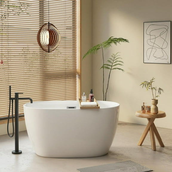 Topcobe 47" Acrylic Freestanding Bathtub-Acrylic Soaking Tubs, Oval Shape Freestanding Bathtub with Chrome Overflow and Pop-Up Drain, Bathroom Tub, Modern Bath Tubs, Freestanding Bathtubs