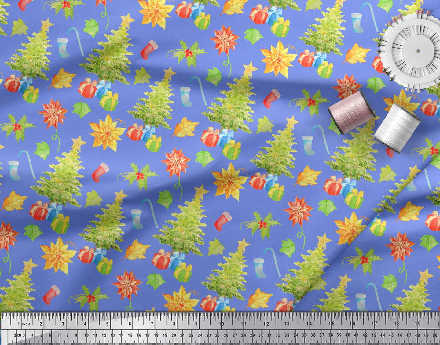 Soimoi Blue Cotton Duck Fabric Gifts & Christmas Tree Printed Craft Fabric by the Yard 56 Inch Wide