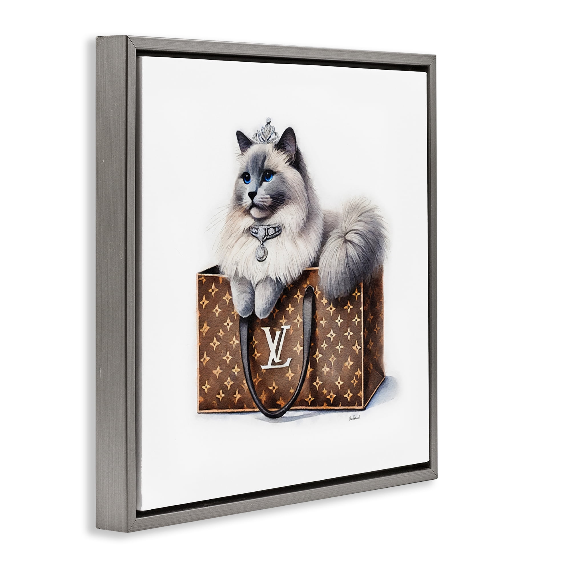 Stupell Industries Cat in Glam Purse Animals Painting Gray Floater Framed Canvas Art Print Wall Art, 25 x 25