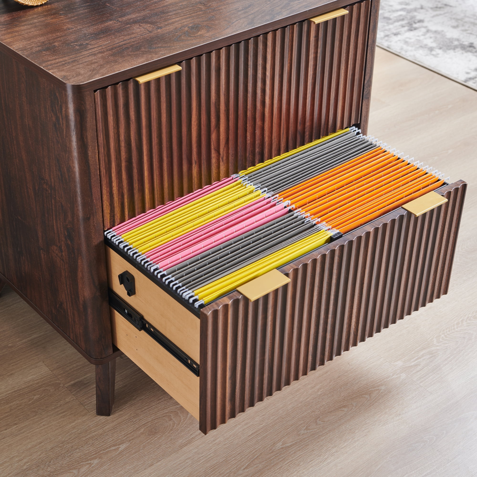 OKD 30" File Cabinet with 2 File Drawers, Modern Style Fluted Filing Cabinet for Home Office, Dark Walnut