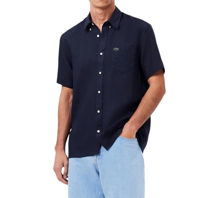 Lacoste - Camisa de Lino de Ajuste Regular para Hombre, Azul Marino, Large