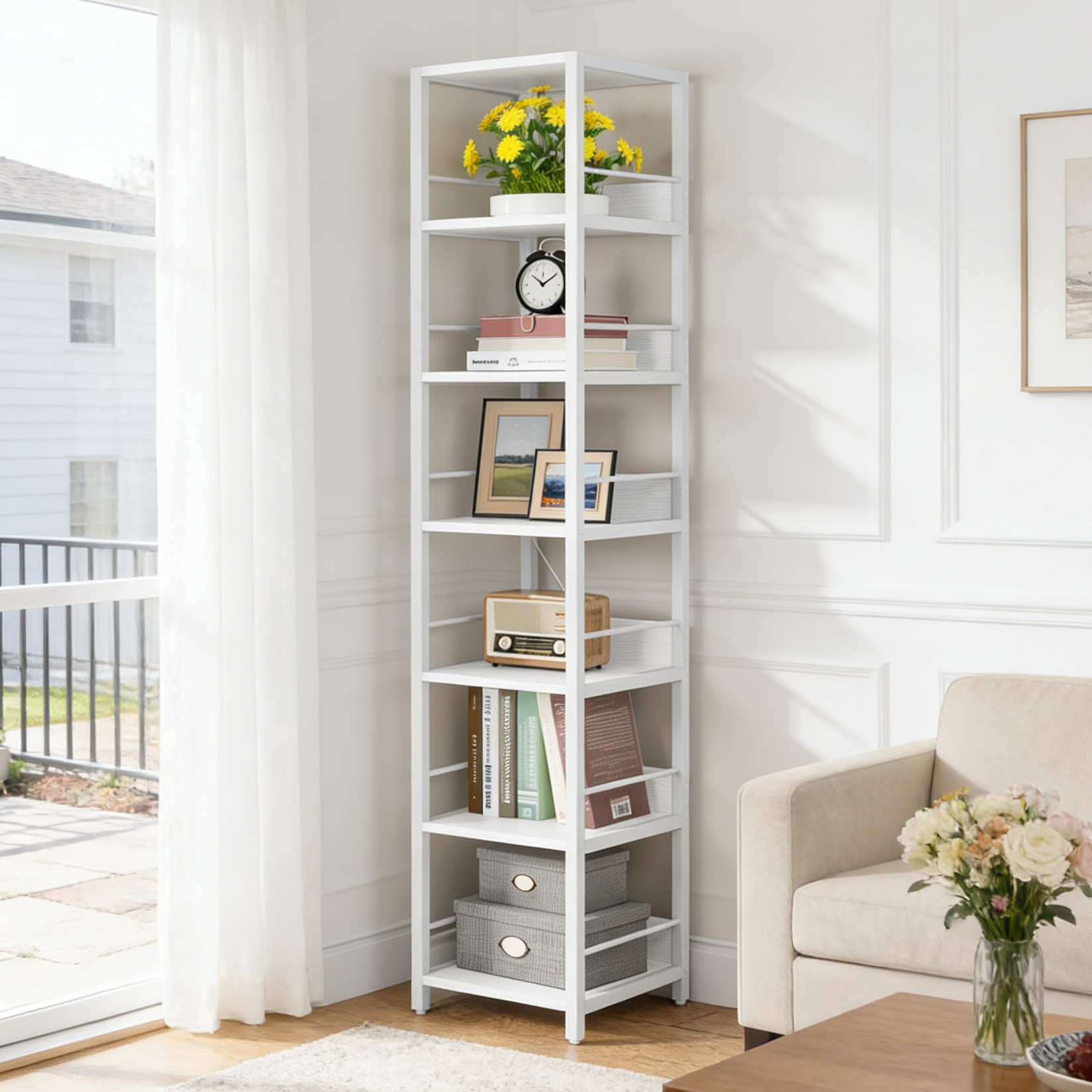 Fnova 75" 6-Tier Corner Bookshelf, Tall Narrow Rustic Wood Open Storage Rack, Square Bookcase Display Stand for Small Spaces in Living Room, Bathroom