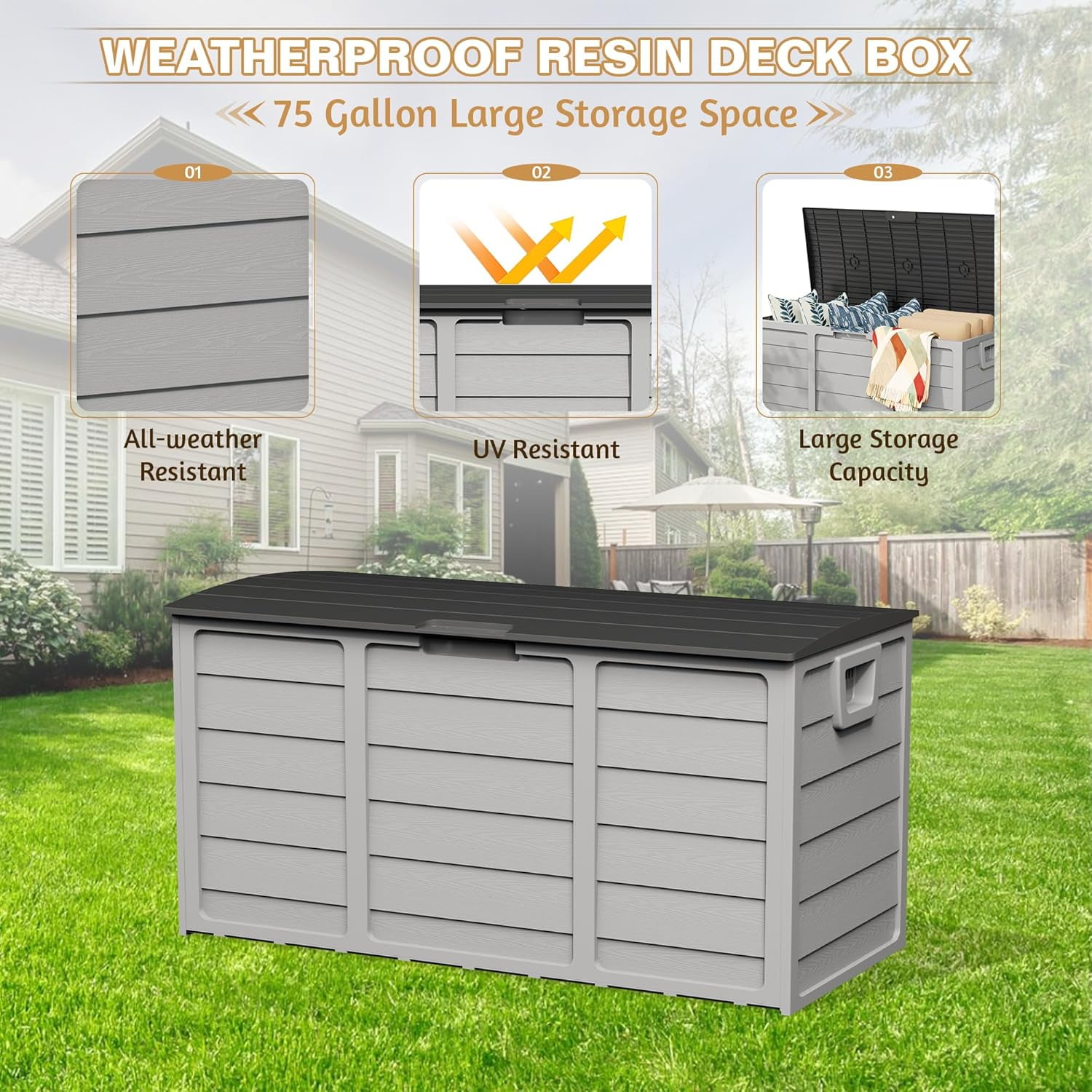 75 Gallon Outdoor Storage Deck Box Weatherproof Durable Resin Container