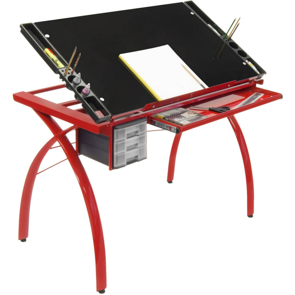 Studio Designs Futura Metal Drafting Table with Storage, Red Walmart