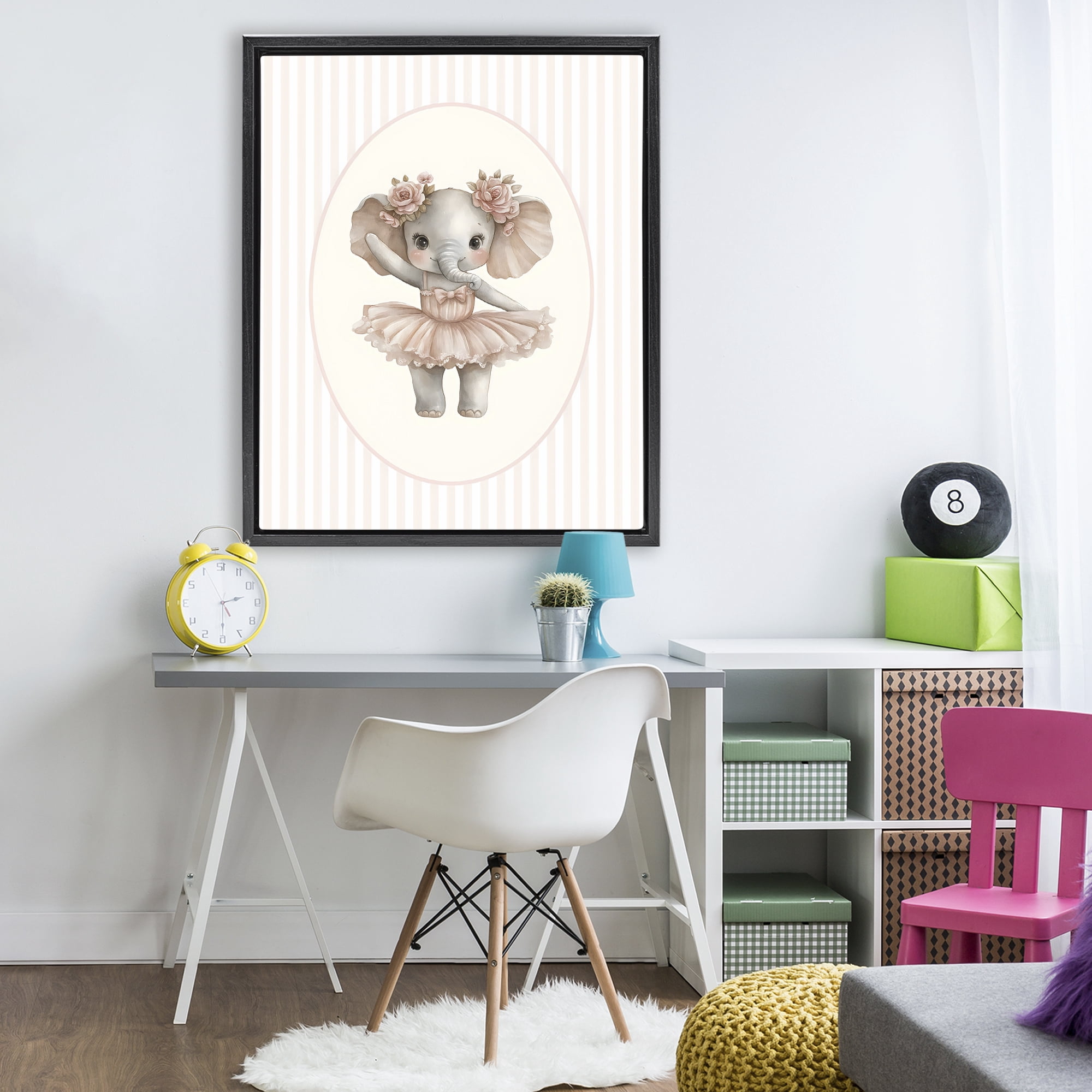 Stupell Industries Nursery Ballerina Elephant Striped Black Framed Floater Canvas Wall Art, design by LSR Design Studio