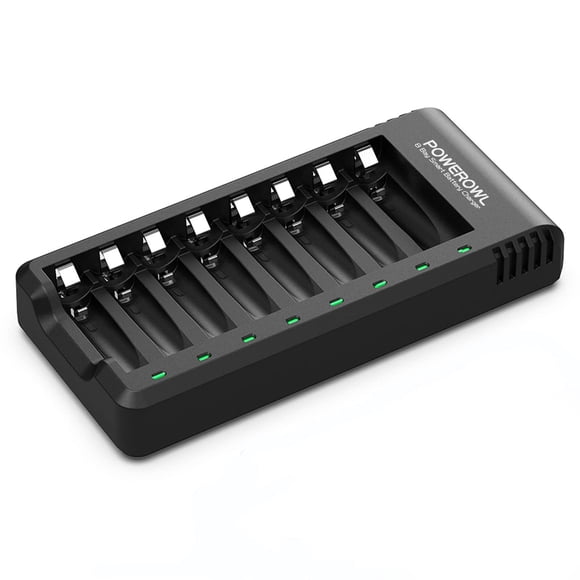 Cargador de batería POWEROWL, 8 bahías, AA, AAA, USB, carga de alta velocidad