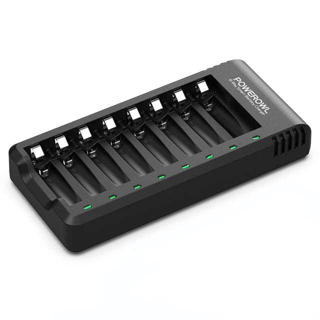 Cargador de batería POWEROWL, 8 bahías, AA, AAA, USB, carga de alta velocidad