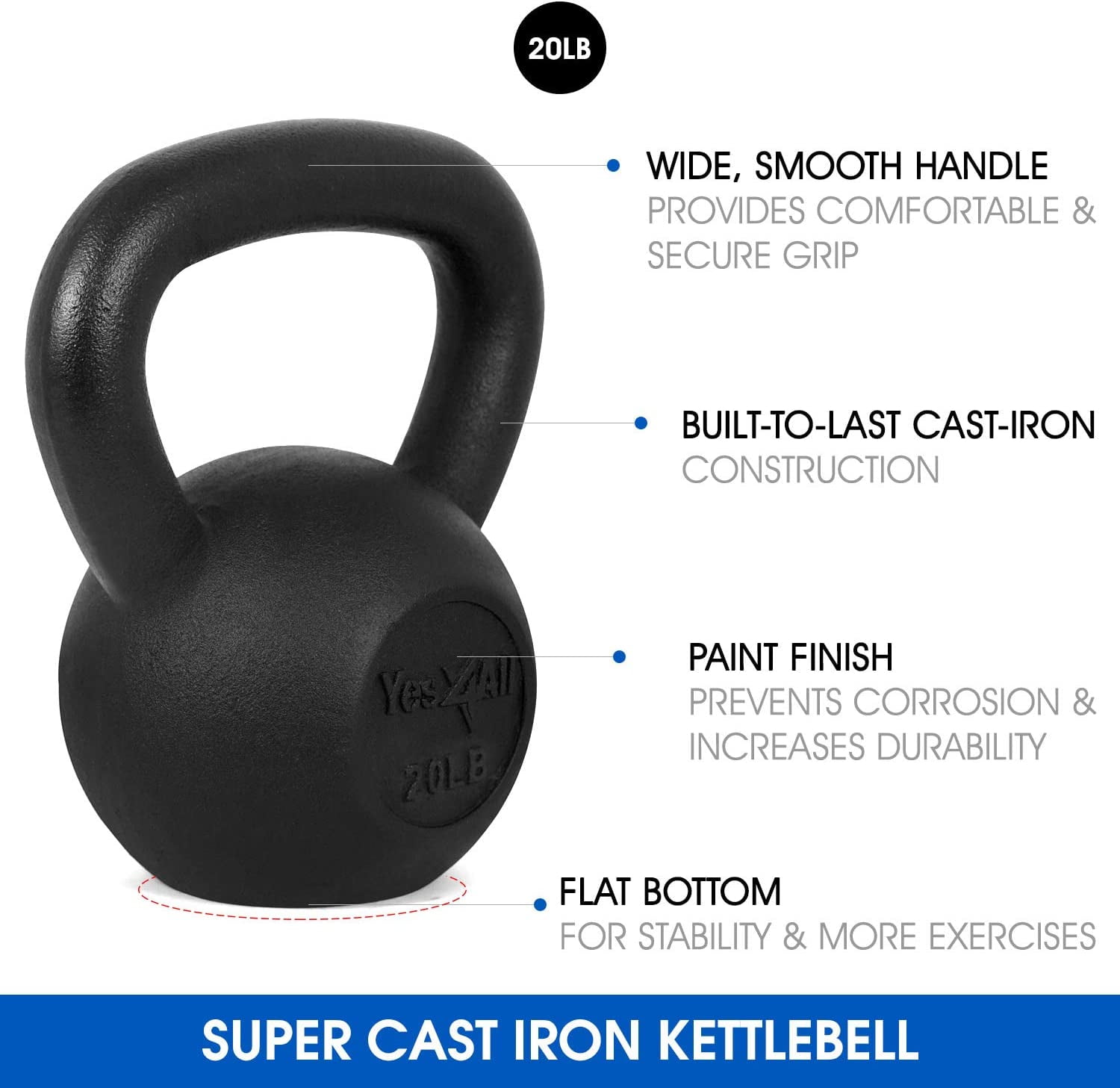 Yes4All Kettlebell Adjustable/Cast Iron/Protective Base Solid Smooth for Strength Training, Home Gym - Black 20LBS
