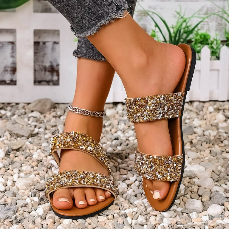 Bxsruta Glitter Strap Slide Sandals with Cushioned Footbed