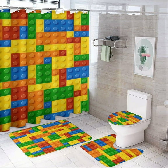 Building Blocks Construction Brick Shower Curtain And Rugs Mat Set For Bathroom Bath Curtains Decoration Accessories Bathtub Screen 4 Pcs
