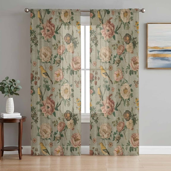 Vintage Spring Floral Sheer Curtains 84 Inch Length 2 Panels Set, Farmhouse Flowers Green Vintage Voile Window Treatment Rod Pocket Curtains Sheers Drapes for Bedroom/Living Room/Kitchen 52"x84"x2