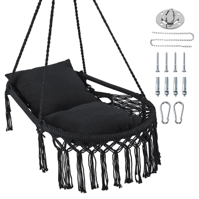 Costway Macrame Swing Chair with 2 Removable Cushions, Enduring Polyester Cotton Ropes Black