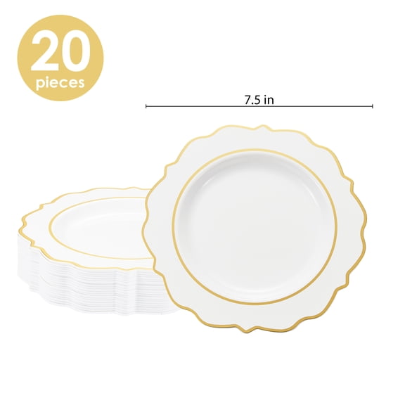 20 Count, 7.5 IN, White Plastic Plates with Gold Rim, by Way To Celebrate