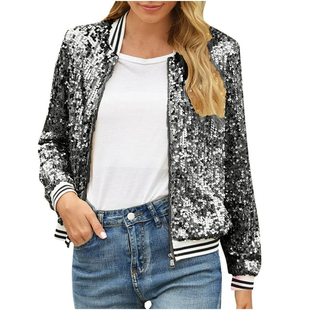 WRKEKC Blazer à Paillettes pour Femme Arrivée Automne Hiver Décontracté Mode Manches Longues Sans Capuche Manteau pour Sortie Nocturne Ou Fête du Soir Noir P