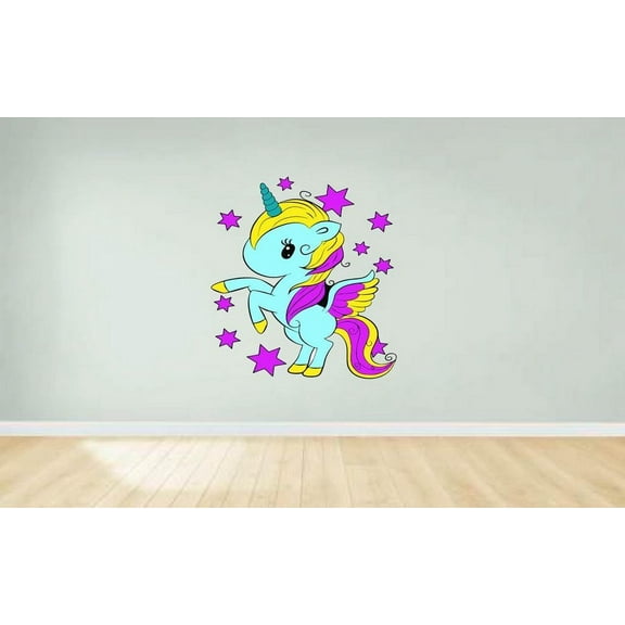 Magical Unicorn Jumping Cartoon Character Wall Art Sticker Vinyl Decals Girls Boys Children Baby Bedroom House School Wall Decor Removable Sticker Peel and Stick Size (20x10 inch)