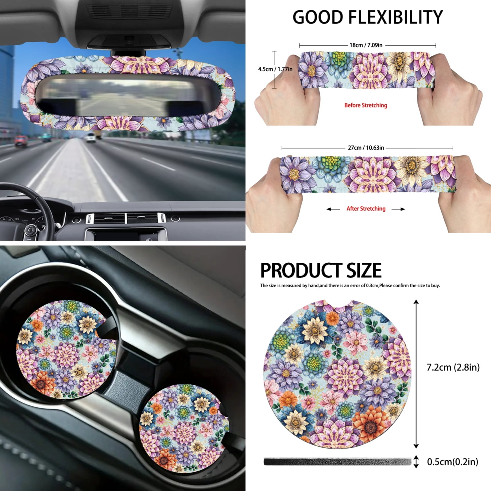 Yuyamidu Dalia Car Seat Covers Full Set of 16 Flower Automotive Steering Wheel Covers Sun Shade Seatbelt Pads Car Coasters Handbrake Cover Set Rear View Mirror Cover Keychain for Women
