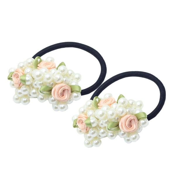 EeaseMX 2 lazos elásticos para el pelo con perlas y flores, accesorios para el cabello para mujeres y niñas.