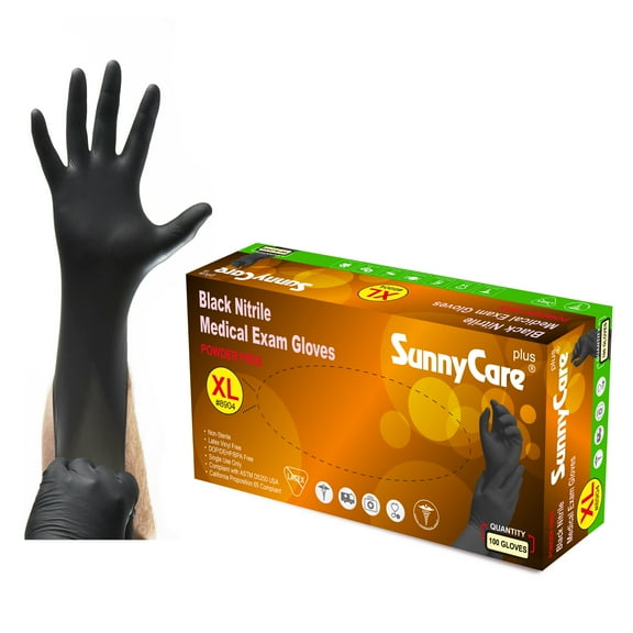100Pcs SunnyCare 5Mil Black Nitrile Medical Exam Gloves Powder Free (Non Vinyl Latex) Size: xLarge Item# 8904-box