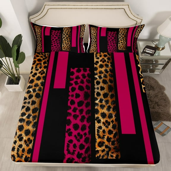 Erosebridal Leopard Print Fitted Sheet Set Twin,Geometric Stripes Bedding Twin Size,Abstract Animal Fitted Sheet Twin,Microfiber Teenager Bedroom Decor(Fitted Sheet,Pillowcase),2pcs