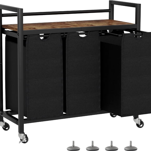 Laundry Hamper, Laundry Basket, Laundry Sorter with 3 Removable Bags, Clothes Basket with 3 Compartments, Wheels, Shelf for Laundry Room Bathroom Bedroom (3 Bags-Black)