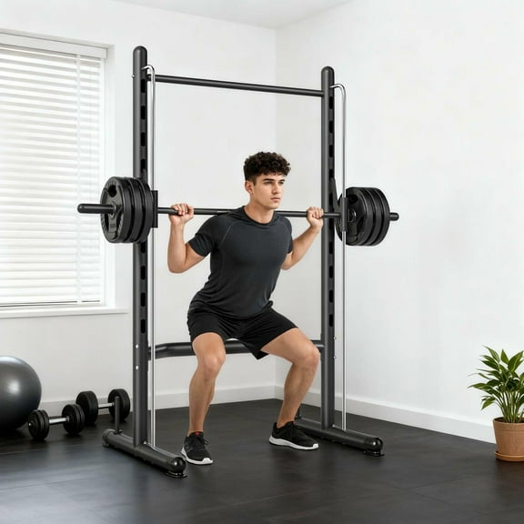 Resenkos Multi-Function Squat Rack with Pull-Up Bar and Adjustable Bench Press - Black/Silver
