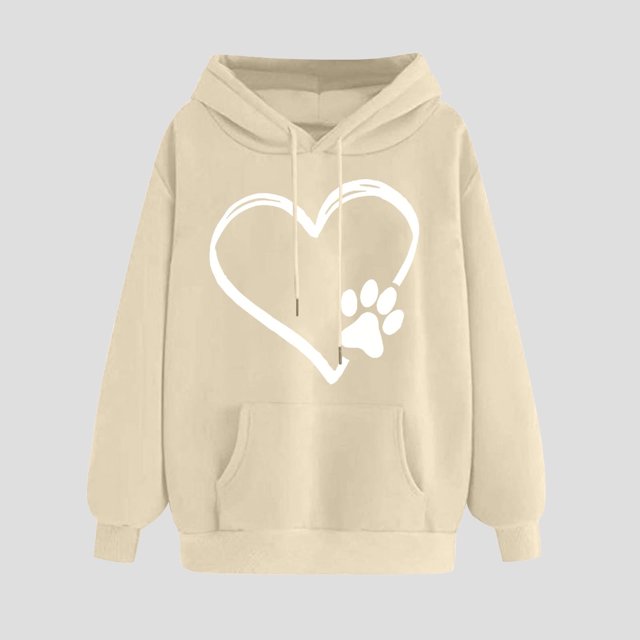 UPPADA Chandails à Capuchon à Imprimé Cœur pour Femmes Automne Hiver Chandail à Capuchon de Base Mignon Chandail Molletonné à Enfiler Hauts à Manches Longues Confortable Mode Urbaine Chandails à Capuchon pour Femmes à Enfiler Beige,G